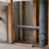 Instalacja hydrauliczna w łazience: syfon umywalki i pion kanalizacyjny. Różne średnice rur kanalizacyjnych w trakcie budowy.