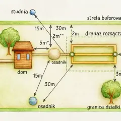 Schemat działki z domem, studnią i osadnikiem. Widać tu drenaż rozsączający, kluczowy element systemu odprowadzania ścieków.