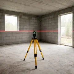 Laser krzyżowy na statywie wyznacza idealny poziom zero w surowym wnętrzu budynku.