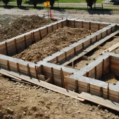 Budowa domu w toku: betonowe ławy fundamentowe w drewnianym szalunku, otoczone ziemią i gruzem.