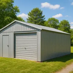 Nowy, metalowy garaż stoi na zielonej trawie, gotowy na budowę. Obok droga szutrowa.