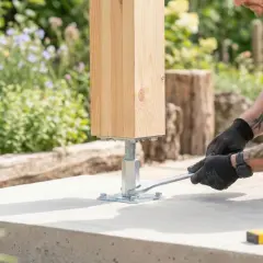 Mężczyzna dokręca kluczem śrubę mocującą drewniany słup tarasu do betonowego podłoża.