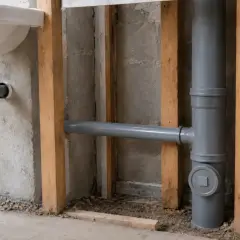 Instalacja hydrauliczna w łazience: syfon umywalki i pion kanalizacyjny. Różne średnice rur kanalizacyjnych w trakcie budowy.