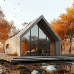 Nowoczesne domy szkieletowe cena zachwycają designem. Drewniany dom z wielkimi oknami otoczony jesiennymi drzewami.