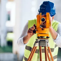 Geodeta w kamizelce odblaskowej i kasku przez lunetę niwelatora precyzyjnie mierzy teren budowy.