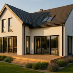 Nowoczesny dom 200m2 z dużymi przeszkleniami i drewnianym tarasem, otoczony zielenią.
