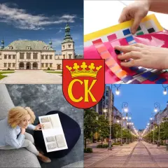 Kielce: pałac, próbki kolorów, kobieta z próbkami tkanin, ulica z latarniami.