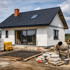 Budowa domu 80m2. Białe bloczki, czarny dach, beton na fundamentach, cement i betoniarka czekają na dalsze prace.