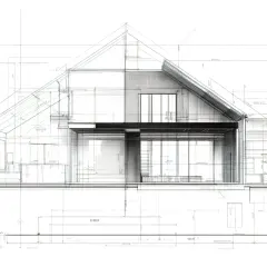 Szkic architektoniczny domu z wymiarami i detalami, stanowiący podstawę do stworzenia kosztorysu.