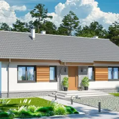 Nowoczesny, parterowy dom z drewnianymi elementami. Idealne projekty domów prostych i tanich w budowie, z pięknym ogrodem.