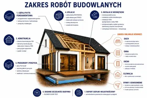 Schemat budowy domu energooszczędnego: fundament, konstrukcja, izolacje, instalacje, dach, okna, drzwi, elewacja, rynny.