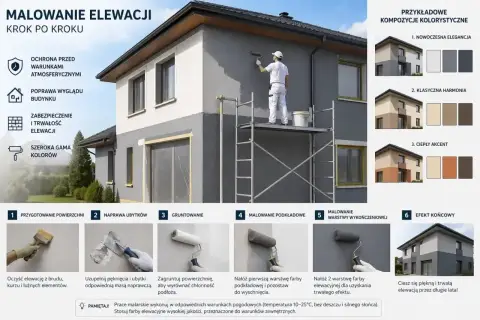 Malowanie elewacji krok po kroku: przygotowanie, naprawa, gruntowanie, malowanie podkładowe, warstwa wykończeniowa i efekt końcowy.