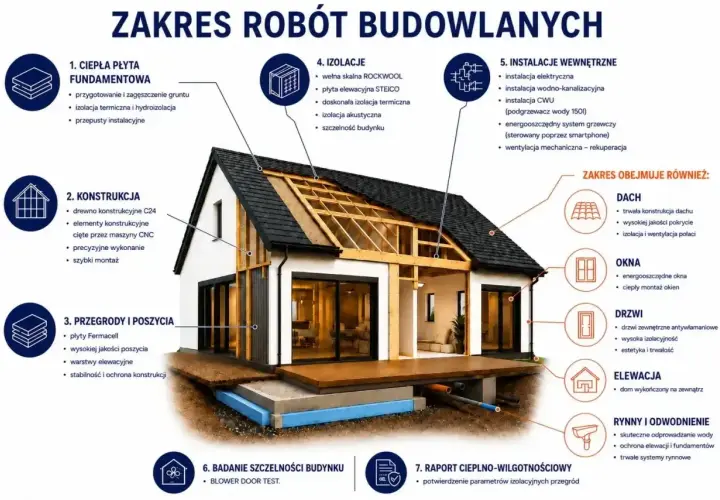 Schemat budowy domu energooszczędnego: fundament, konstrukcja, izolacje, instalacje, dach, okna, drzwi, elewacja, rynny.