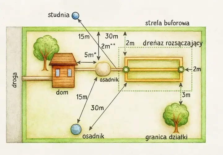 Schemat działki z domem, studnią i osadnikiem. Widać tu drenaż rozsączający, kluczowy element systemu odprowadzania ścieków.