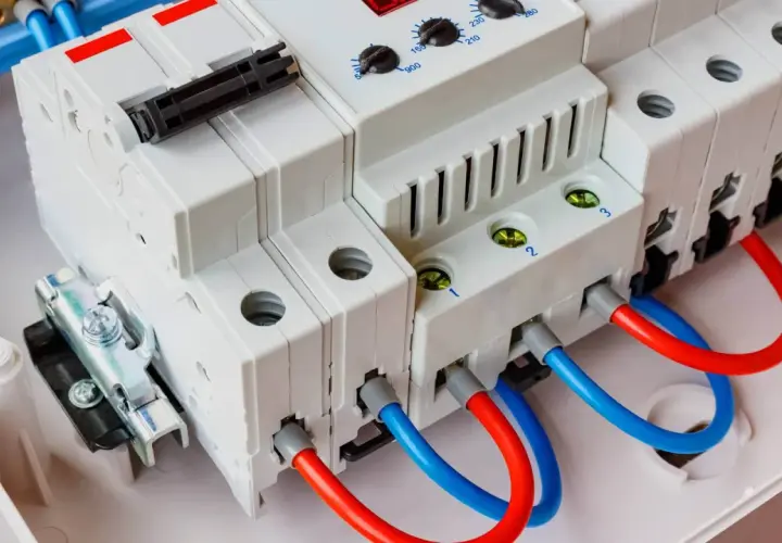 Nowoczesna przepięciówka z czerwonymi i niebieskimi przewodami, gotowa chronić instalację elektryczną.