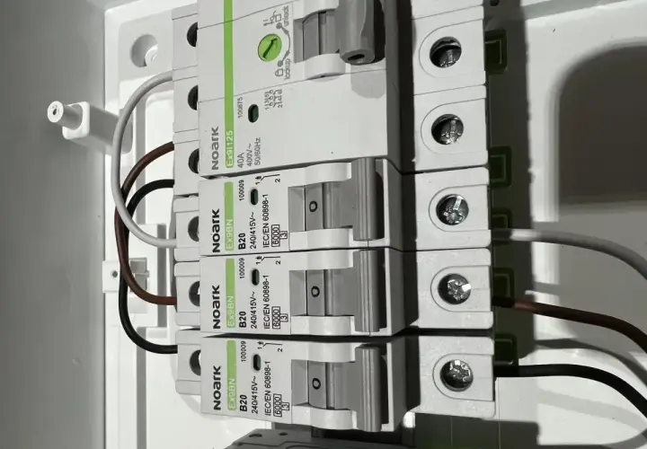Budowa przewodu elektrycznego: zabezpieczenia nadprądowe Noark i podłączone przewody w rozdzielnicy.
