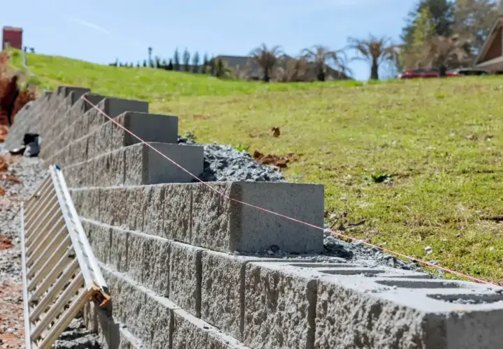Budowa muru oporowego z bloczków betonowych na zboczu. Widać drabinę i sznurek do poziomowania.