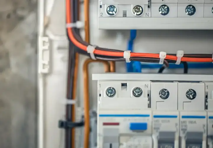 Zabezpieczona instalacja elektryczna w garażu: przewody w kolorach pomarańczowym i brązowym, połączone opaskami, prowadzą do białej skrzynki z bezpiecznikami.
