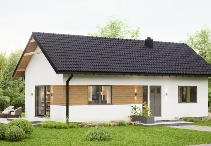 Nowoczesny, biały dom z drewnianymi akcentami i czarnym dachem. Idealny dla marzycieli o własnym kącie, taki dom za 50 tys pod klucz to realna szansa.