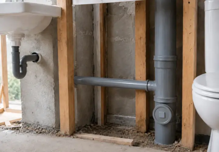 Instalacja hydrauliczna w łazience: syfon umywalki i pion kanalizacyjny. Różne średnice rur kanalizacyjnych w trakcie budowy.