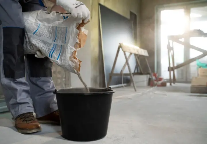 Budowlaniec wsypuje mieszankę do wiadra, przygotowując beton na styropianie. Kluczowa jest minimalna grubość wylewki betonowej na styropianie.