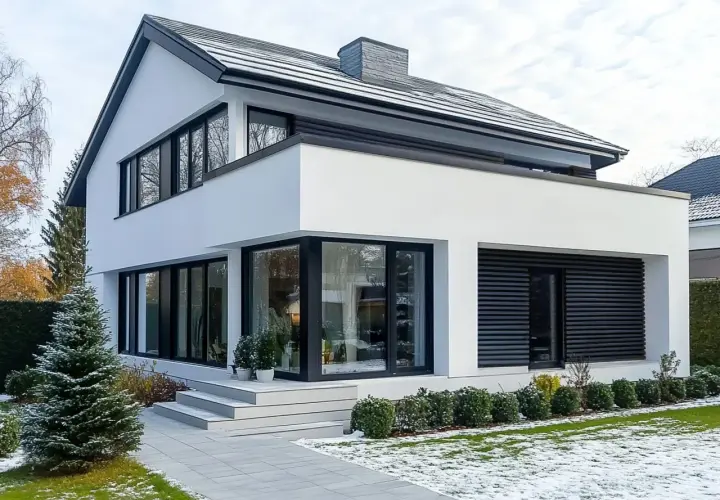 Nowoczesny dom z białymi ścianami i czarnymi oknami. Świetny pomysł na elewację domu, który wygląda elegancko i minimalistycznie.