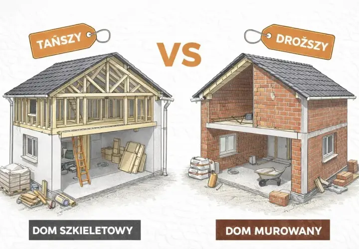 Porównanie budowy domu szkieletowego (tańszy) i murowanego (droższy). Widoczne etapy budowy i materiały.