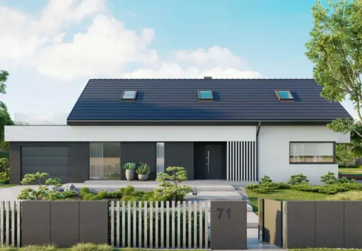 Nowoczesny dom 170 m2 z garażem, dużym ogrodem i stylowym ogrodzeniem. Jasna elewacja, ciemny dach i minimalistyczne detale.