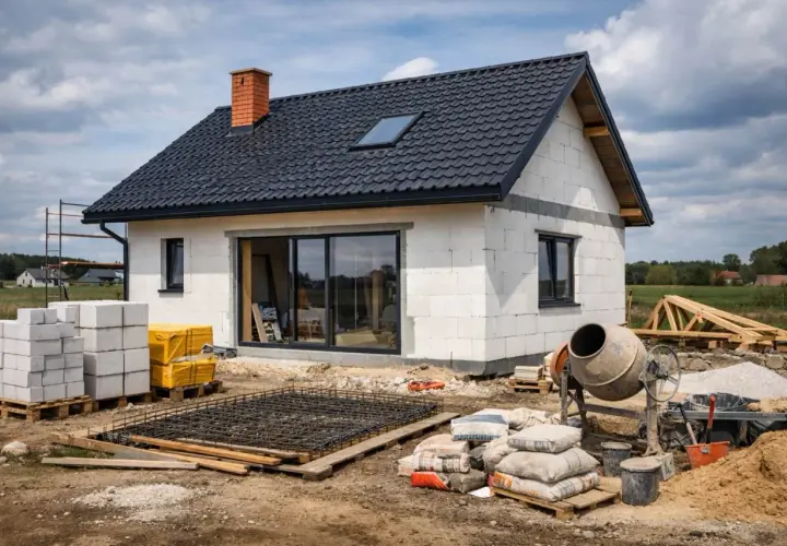 Budowa domu 80m2. Białe bloczki, czarny dach, beton na fundamentach, cement i betoniarka czekają na dalsze prace.
