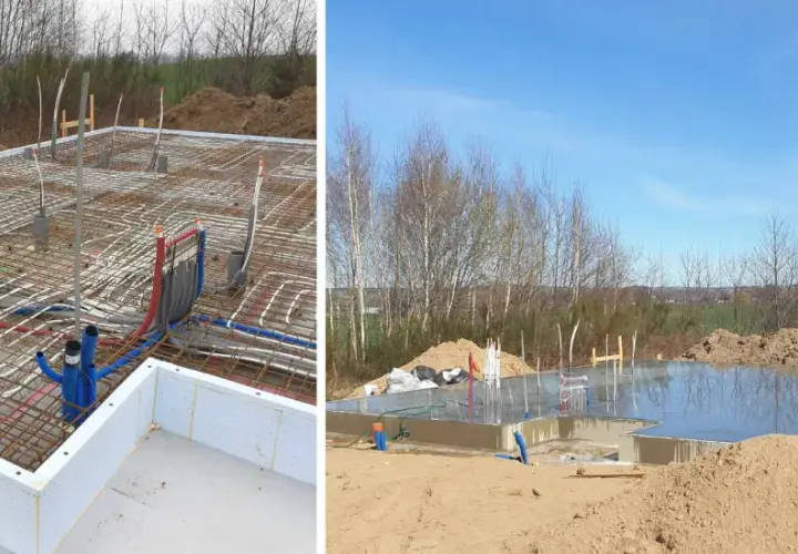 Budowa ciepłej płyty fundamentowej z instalacją ogrzewania podłogowego i przyłączami hydraulicznymi. Betonowa płyta lśni w słońcu.