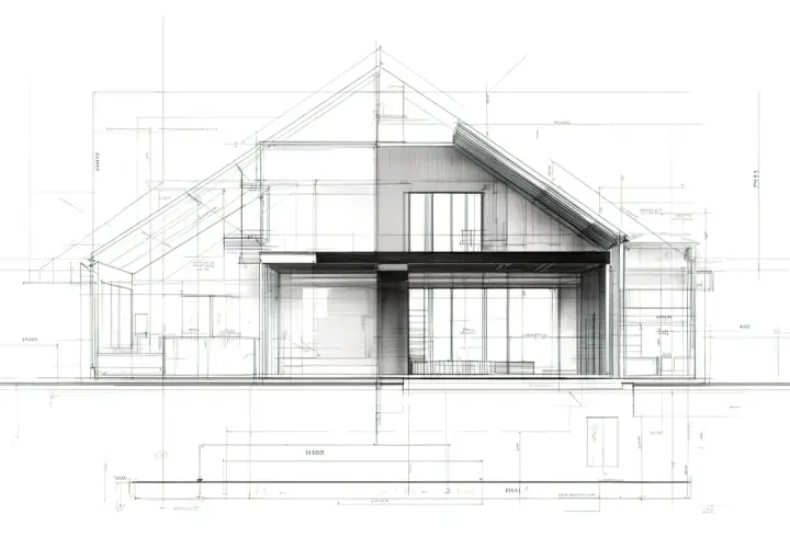 Szkic architektoniczny domu z wymiarami i detalami, stanowiący podstawę do stworzenia kosztorysu.