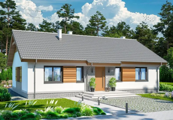 Nowoczesny, parterowy dom z drewnianymi elementami. Idealne projekty domów prostych i tanich w budowie, z pięknym ogrodem.