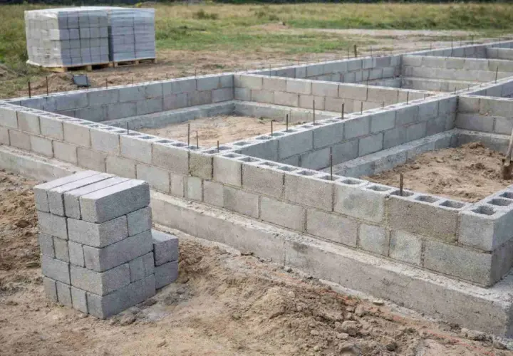 Budowa fundamentów z bloczków betonowych. Stos pustaków betonowych obok wznoszonej ściany.