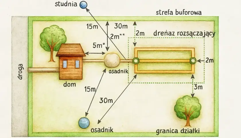 Schemat działki z domem, studnią i osadnikiem. Widać tu drenaż rozsączający, kluczowy element systemu odprowadzania ścieków.