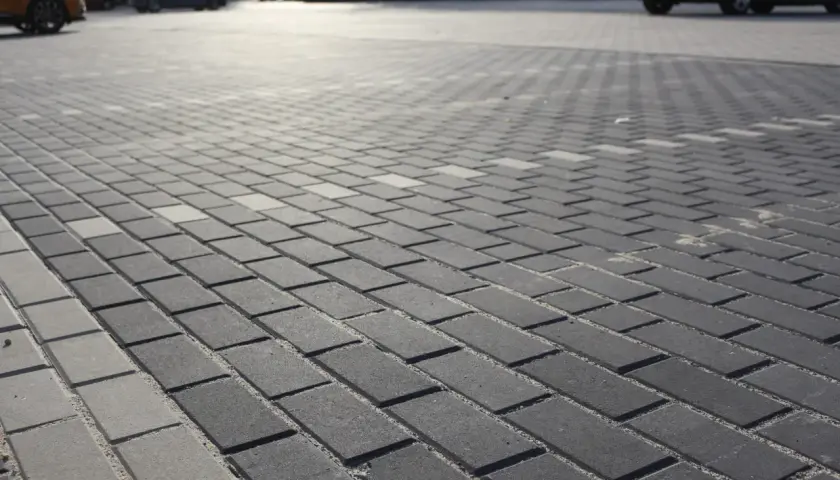 Szary parking wyłożony kostką brukową holland. W tle widać zaparkowane samochody.