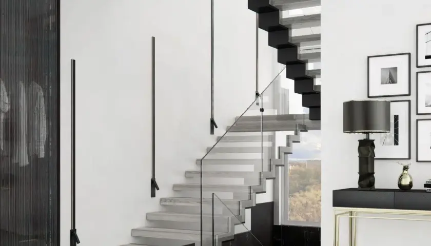 Nowoczesny wzór na schody z drewnianymi stopniami i szklaną balustradą. Minimalistyczne czarne poręcze na ścianie.