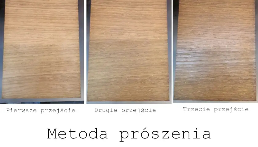 Trzy próbki drewna pokazujące efekt bejcowania metodą prószenia: pierwsze, drugie i trzecie przejście.