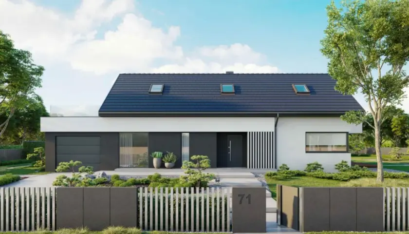Nowoczesny dom 170 m2 z garażem, dużym ogrodem i stylowym ogrodzeniem. Jasna elewacja, ciemny dach i minimalistyczne detale.
