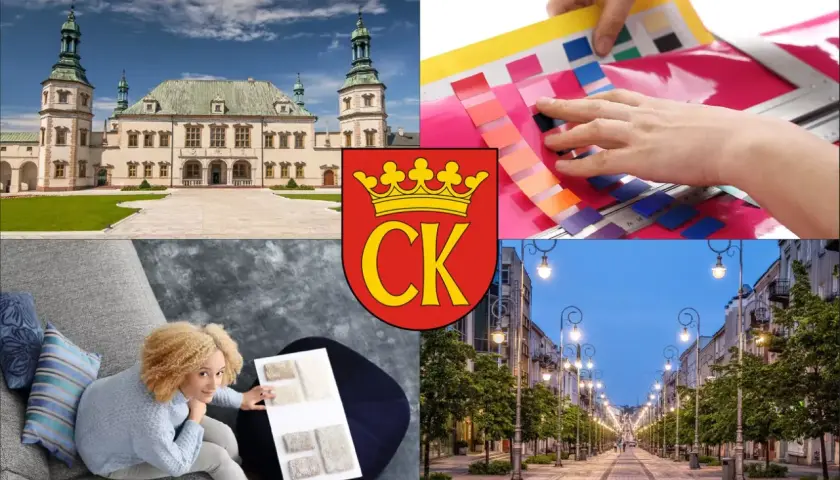 Kielce: pałac, próbki kolorów, kobieta z próbkami tkanin, ulica z latarniami.