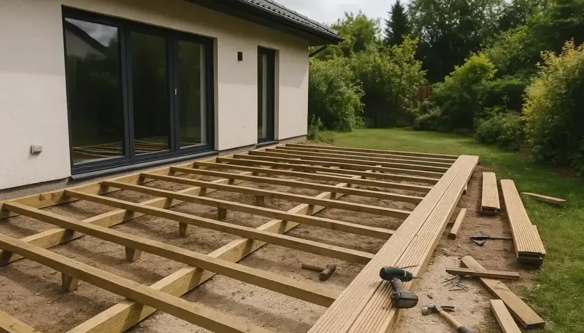 Budowa tarasu na słupach betonowych. Drewniana konstrukcja czeka na deski.