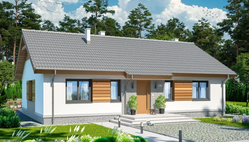 Nowoczesny, parterowy dom z drewnianymi elementami. Idealne projekty domów prostych i tanich w budowie, z pięknym ogrodem.