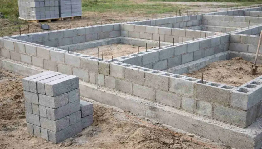 Budowa fundamentów z bloczków betonowych. Stos pustaków betonowych obok wznoszonej ściany.