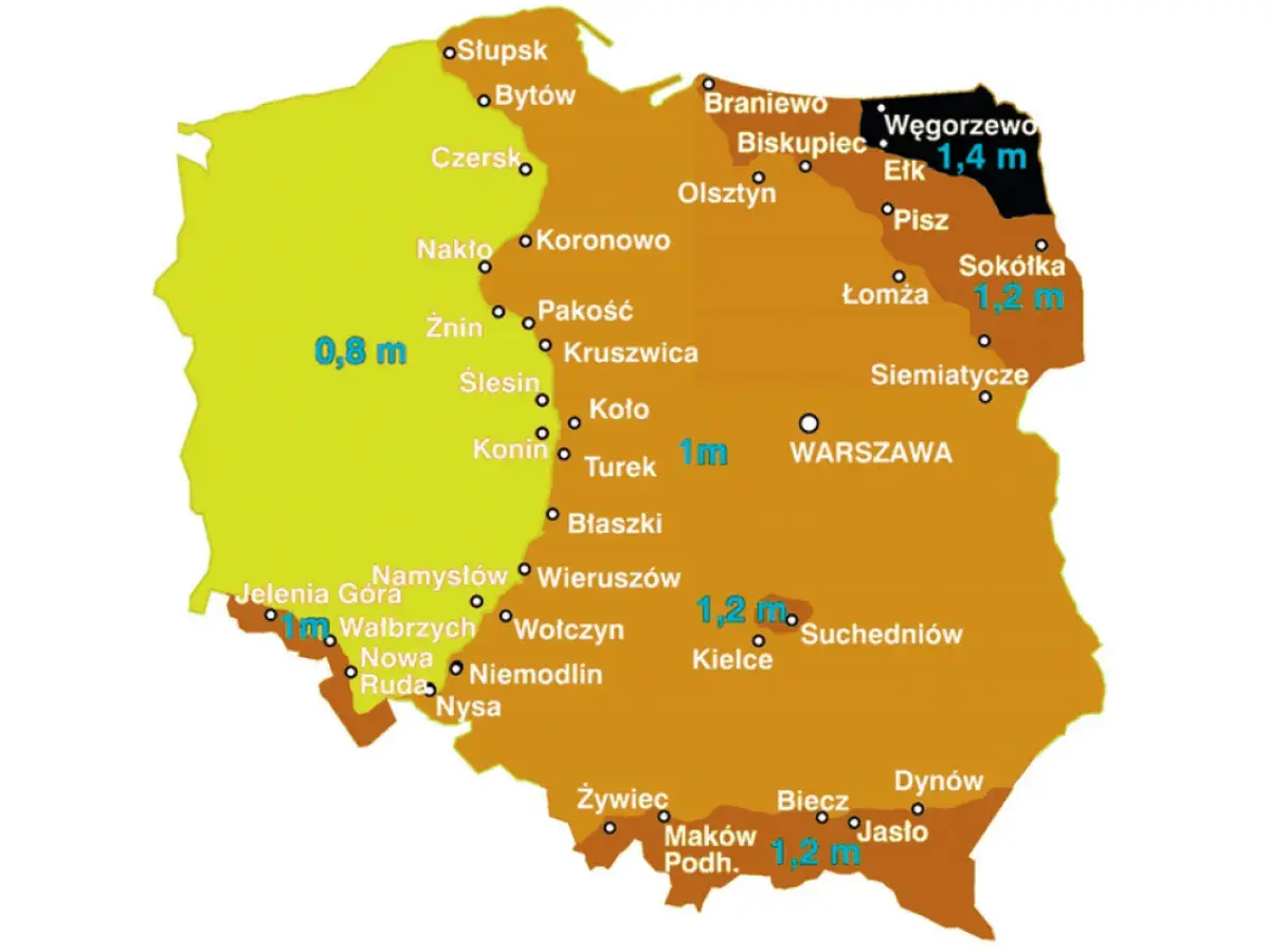 Mapa Polski z zaznaczonymi strefami przemarzania gruntu. Różne kolory oznaczają głębokość przemarzania, np. 0,8 m, 1 m, 1,2 m, 1,4 m.