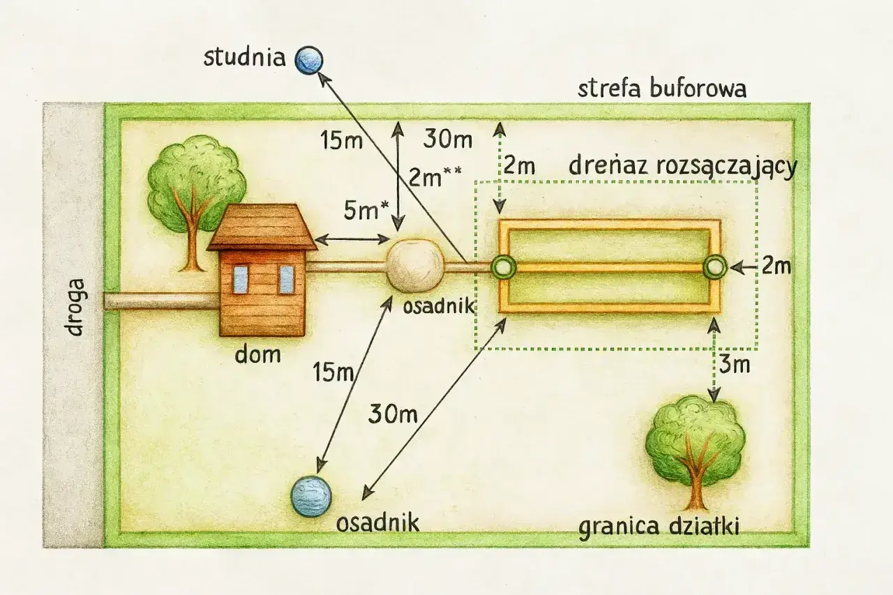 Schemat działki z domem, studnią i osadnikiem. Widać tu drenaż rozsączający, kluczowy element systemu odprowadzania ścieków.