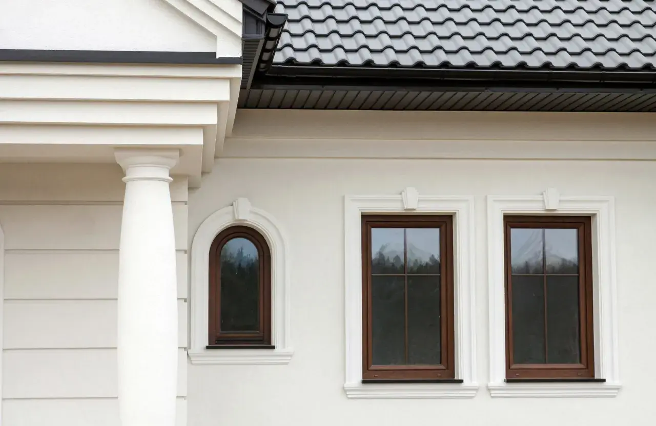Elegancki gzyms zdobi białą elewację domu, podkreślając klasyczny styl.