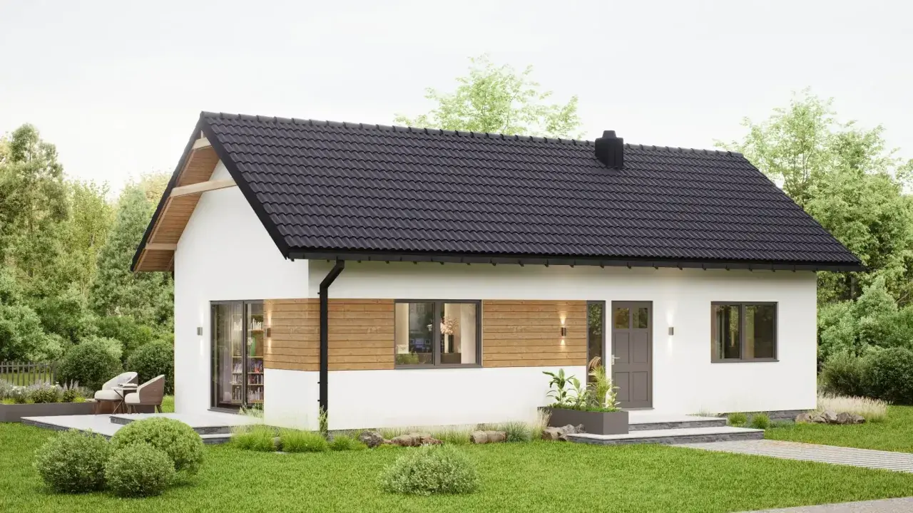 Nowoczesny, biały dom z drewnianymi akcentami i czarnym dachem. Idealny dla marzycieli o własnym kącie, taki dom za 50 tys pod klucz to realna szansa.