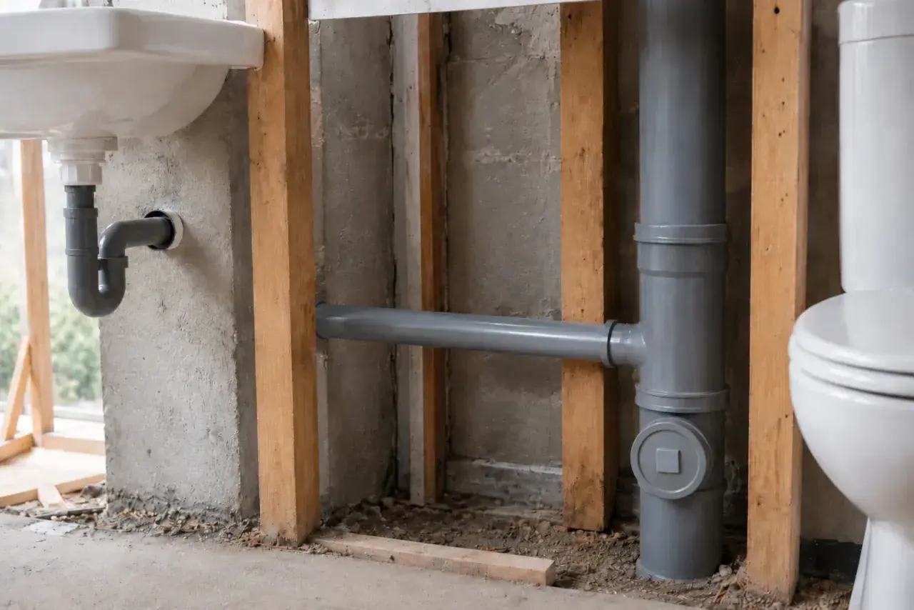 Instalacja hydrauliczna w łazience: syfon umywalki i pion kanalizacyjny. Różne średnice rur kanalizacyjnych w trakcie budowy.