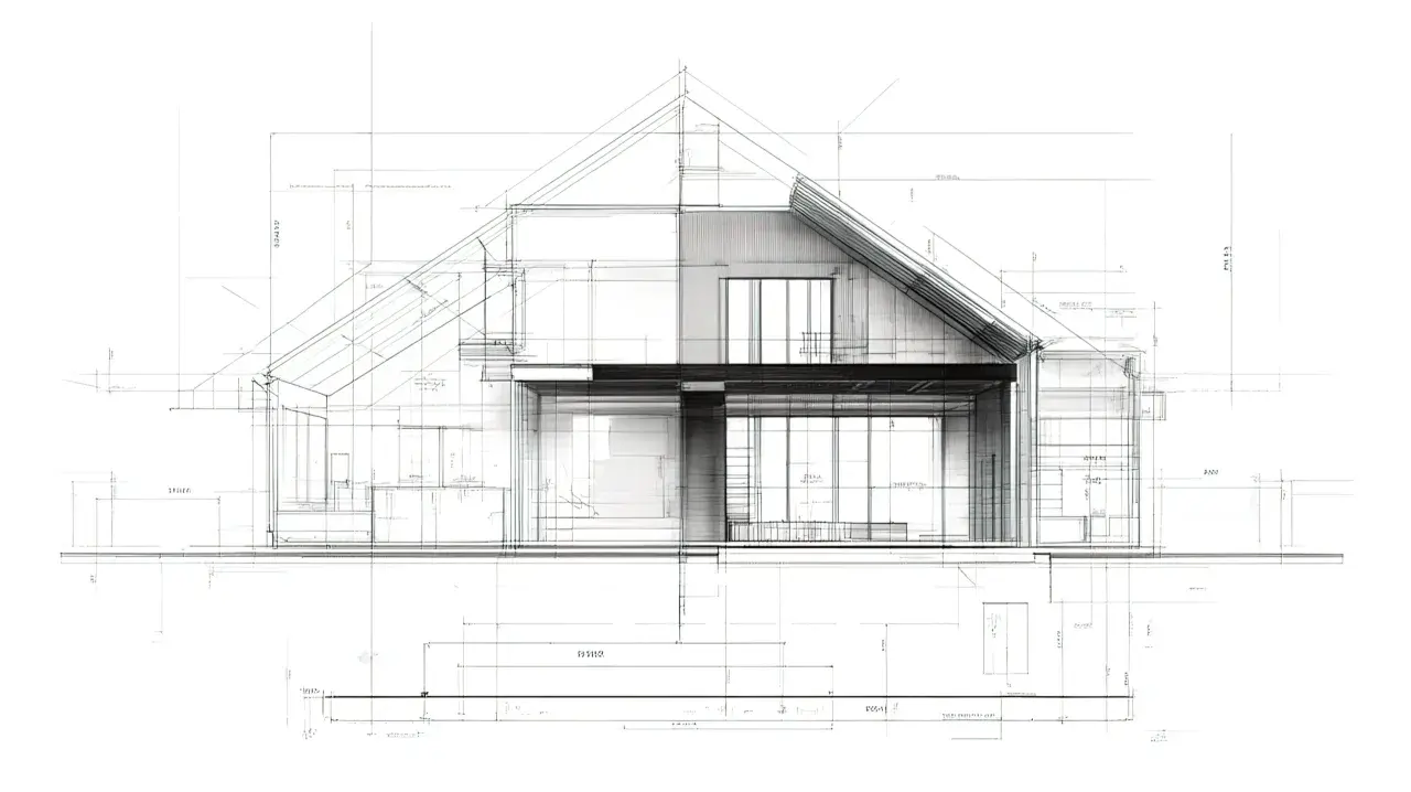 Szkic architektoniczny domu z wymiarami i detalami, stanowiący podstawę do stworzenia kosztorysu.