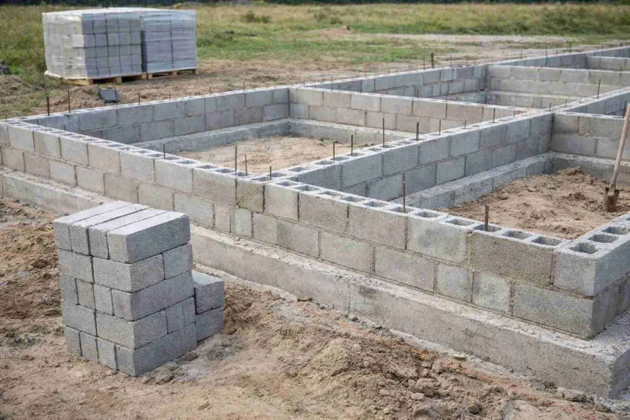 Budowa fundamentów z bloczków betonowych. Stos pustaków betonowych obok wznoszonej ściany.