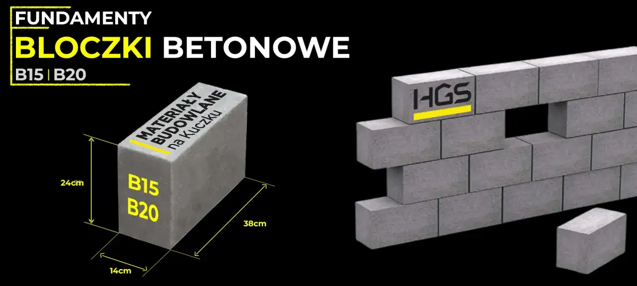 Bloczki betonowe HGS: wymiary 38x24x14 cm, klasy B15 i B20, idealne na fundamenty.